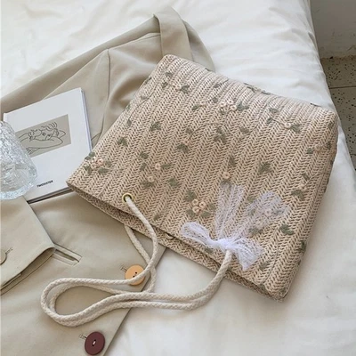 Modische Handtasche aus Stroh gewebt perfekt für Sommer Picknick stabiler Griff - Bild 1 von 4