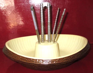 Vintage MCM Almond Shaped Complete Nut Bowl Set Stainless Cracker and 4 Picks - Picture 1 of 6
