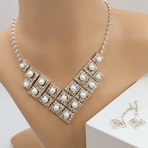 Schmuckset Kristall Strass Collier Kette Ohrringe Perlen Hochzeit silber 69 - Bild 1 von 2