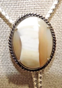 Agate & Opal Oval Bolo Tie w White & Silver Braided Rope w Silver Tone Tips - Picture 1 of 9