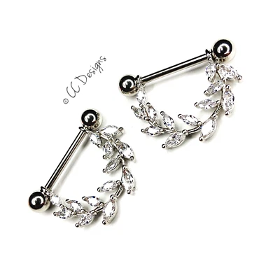 Par de anillos de pezón 14 g blanco brillante circonita cúbica colgante hoja de vid J94 Foto 1 de 3