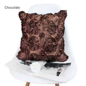 Elegant 3D Raised Ribbon Roses Faux Silk Cushion Cover Throw Pillow Case 16.5"