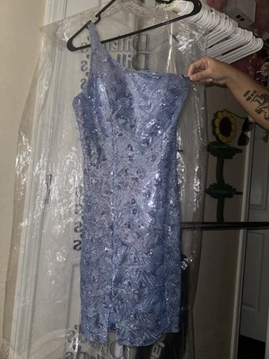 One Shoulder Blue Stretch Dress, Perfect For Homecoming or Formal - Image 1 of 4