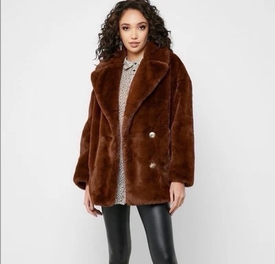 Topshop Abrigo de Piel Sintética Marrón Peluche Felpa Chaqueta EE. UU. 4-6 Cálido Invierno Doble Pecho Foto 1 de 4