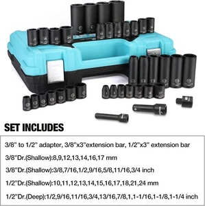 DURATECH 38PCS Impact Socket Set 1/2" 3/8" Drive Deep ShallowS ockets Metric SAE - Picture 1 of 11