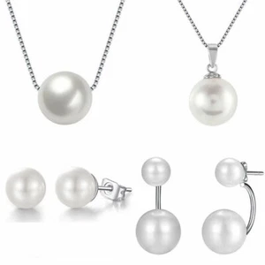 PERLEN HALSKETTE 925 STERLING SILBER OHRRINGE PERLE KETTE OHRSTECKER SCHMUCK NEU - Bild 1 von 5