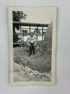 Navy Sailor No Shirt Quonset Hut USS Bagaduce B&W Photograph Snapshot 2.75 x 4.5 - Picture 1 of 2