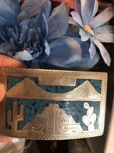 1.Vtg. 60s Alpaca Silver Mosaic Turquoise Cactus Pyramid Mountain Scenery Buckle - Picture 1 of 9