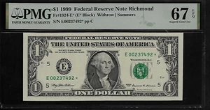 US 1 $ 1999 PMG 67 EPQ UNC Fr #1924-E* Star Note Richmond Withrow/Summers - Picture 1 of 3