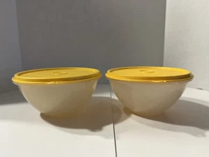 2 cuencos vintage Tupperware Sheer Wonderlier 234-9 con tapas amarillas 227-41 y 44 - Imagen 1 de 6