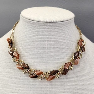 Thermoset Necklace Vtg Choker Brown Two Tone AB Rhinestones Gold Tone Chain 16" - Picture 1 of 16