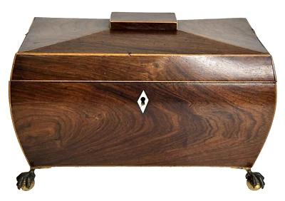 Vintage English Regency Coffer Shape Lion Head Handle Footed Wood Tea Caddy - Image 1 of 4