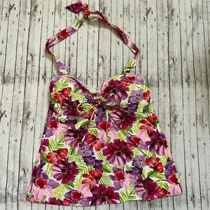 Lands End Women Halter Tankini Swim Top Floral Tie Front Built in Bra Size 8D - Picture 1 of 7