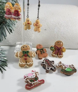Vintage Christmas Holiday Ceramic Gingerbread Earrings Magnet Brooch Pin Lot - Picture 1 of 4