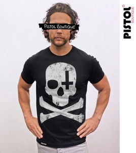 Pistol Boutique Men's Black Crew Neck SKULL CROSS CROSSBONES T-Shirt - S/M/L/XL - Picture 1 of 13