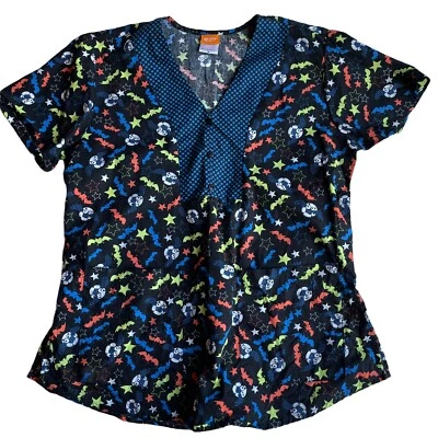 Halloween Scrub Top GRAFX by BARCO Women’s size Medium Black Navy Bats - Image 1 of 4