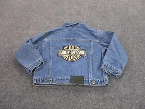 Harley Davidson Jacket Boys 6 Blue Denim Jean Biker Logo Workwear Trucker Youth - Picture 1 of 11