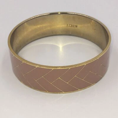 J. CREW Wide Brass BANGLE BRACELET Pink Peach Enamel HERRINGBONE Pattern - Image 1 of 4