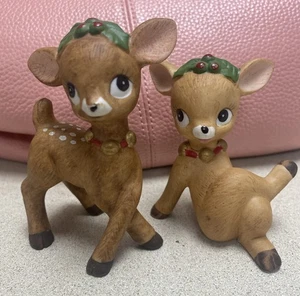 Juego De Colección De 2 Estatuillas De Cerámica Ciervo De Navidad Corona Cresta 3.25" Años 60 Lefton - Imagen 1 de 11