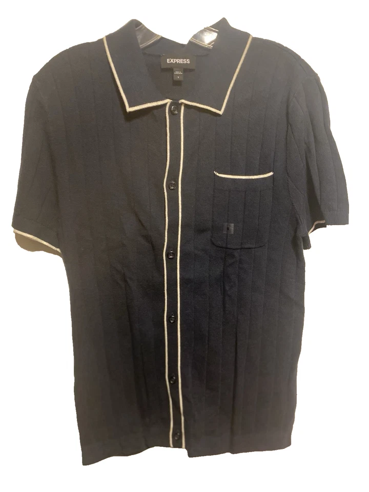 Suéter Polo Express Para Hombre Talla Pequeña Azul Marino Tejido con Cable, Borde Blanco Nuevo Sin Etiquetas Foto 1 de 4