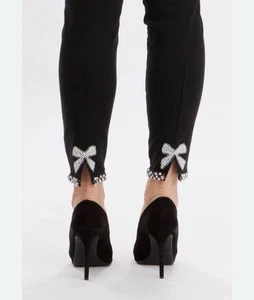 Frank Lyman Design Damen schwarze Hose verziert Perlen Schleife Bündchen Gr. XL glitzernd - Bild 1 von 8