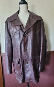 Original Vtg Men's Brown Leather Car Coat Jacket Large 29" Length Button Up USA - Picture 1 of 20