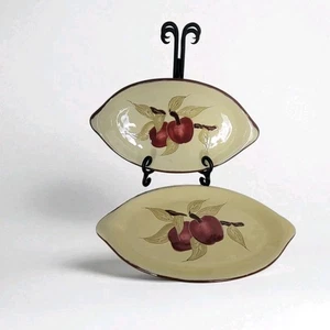 Redware Pottery set of 2 Apple Serving Oval Plate  Thanksgiving Hand painted - Picture 1 of 9
