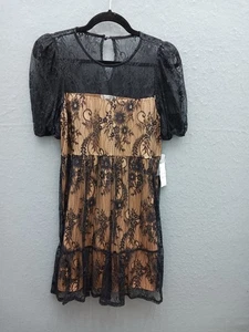 Tash + Sophie Women Shift Lace Mini Dress Size M Black Floral Puff Sleeve - Picture 1 of 16