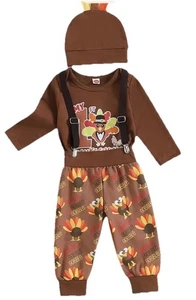 Completo body, pantaloni, cappello e bretelle My 1st Thanksgiving bambino ragazzo 4 pezzi 3-6 mesi - Foto 1 di 5