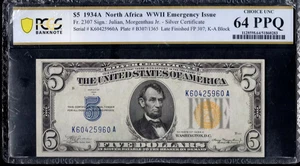 $5 1934-A North Africa Fr. 2307 Late Finished Plate 307 SCARCE PCGS Ch Unc 64PPQ - Picture 1 of 2