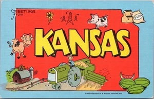 Carta postal grande vintage de 1940 de Kansas mapa estatal contorno lino Kropp #CM 33 - Imagen 1 de 2