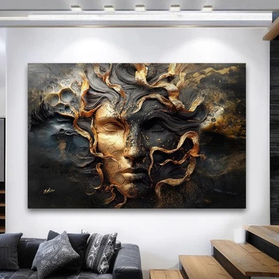 Leinwandbild Abstraktes Gesicht Gold Schwarz Modern Wandkunst Wohnzimmer 8806 - Bild 1 von 4