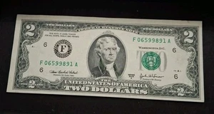 Billete de dos dólares de 2 dólares 2003 Miscut desalineado error desplazado circulado pero bonito - Imagen 1 de 4
