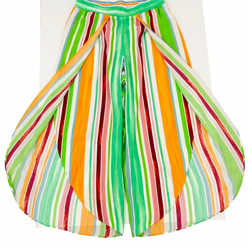 Coco Bianco Wide Split Leg Crop Pants M Stripe Flowy Pull On Culotte Multicolor - Image 1 of 4