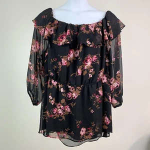 Blusa Lane Bryant 26 3X Plus Negra Estampado Floral Fluido Forrada Semi Transparente Volantes - Imagen 1 de 9