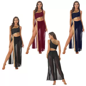 Women Mesh Split Leotard Dress Sleeveless Cutout Metallic Lyrical Dance Costumes - Picture 1 of 39