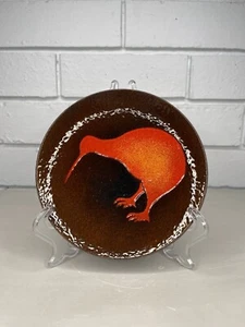 Vintage Enamel On Copper New Zealand Kiwi Native Bird Round Dish Orange Brown - Picture 1 of 5