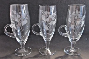 VINTAGE Hand Blown & Etched Wheatgrass Pedestal Set 3 Romanian Crystal Glasses - Picture 1 of 9