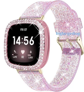 For Fitbit Sense/Versa 3 Bling Glitter Silicone Watch Band W/Frame Bumper Cover - Picture 1 of 14