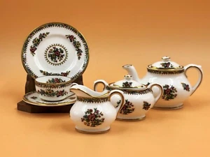 Coalport Ming Rose miniature cabinet tea set. Teapot, creamer, sugar & trio. - Picture 1 of 7