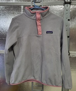 Patagonia Fleece Hoodie -Girls -Medium - Grey Pink Accent - Snaps - Picture 1 of 4