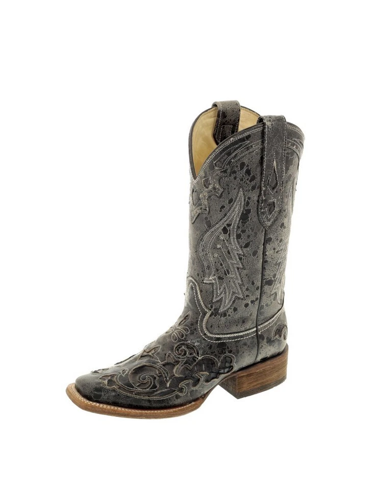 Thrashed Corral Black A2402 Snake Inlay Leather Sq Toe Western Cowgirl Boots 9M