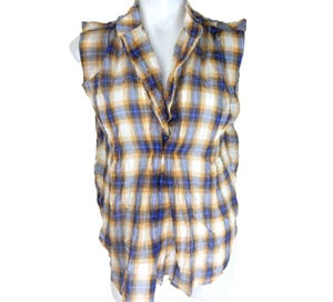 Marc Jacobs Women's 0 Top Plaid Sleeveless Raw Edge Popover Button Blouse - Picture 1 of 4
