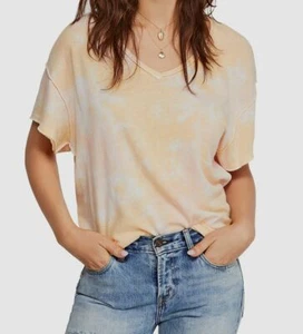 $99 Free People Women Yellow Pink Tie-Dye V-Neck Short-Sleeve Casual Tee Size XS - Picture 1 of 2
