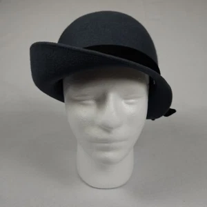 Vintage Laura Ashley Cloche Wool Hat Velvet Ribbon Great Britain Navy 80s Gatsby - Picture 1 of 14