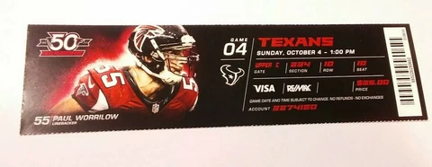 2015 Atlanta Falcons Houston Texans NFL Football Full Ticket Stub Cover
