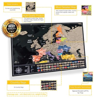 Scratch-Off Europe Map with Flags – Interactive Travel Journal and Stylish Wall - Image 1 of 4