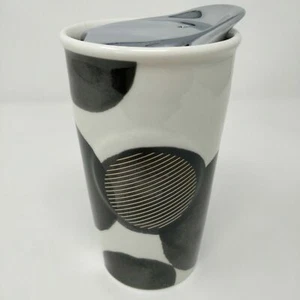 Starbucks Ceramic Traveler Tumbler To Go Mug Black Gray Polka Dot Double Walled - Picture 1 of 5