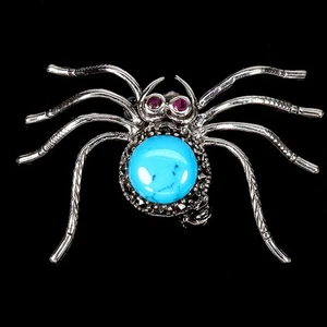 925 Sterling Silver Brooch Round Sapphire Turquoise Marcasite Spider Gemstone - Picture 1 of 13