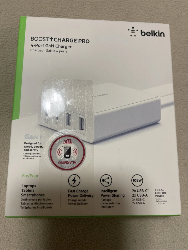 Belkin WCH010DQWH 4-Ports 108W GaN USB-C Charger - White - Image 1 of 1